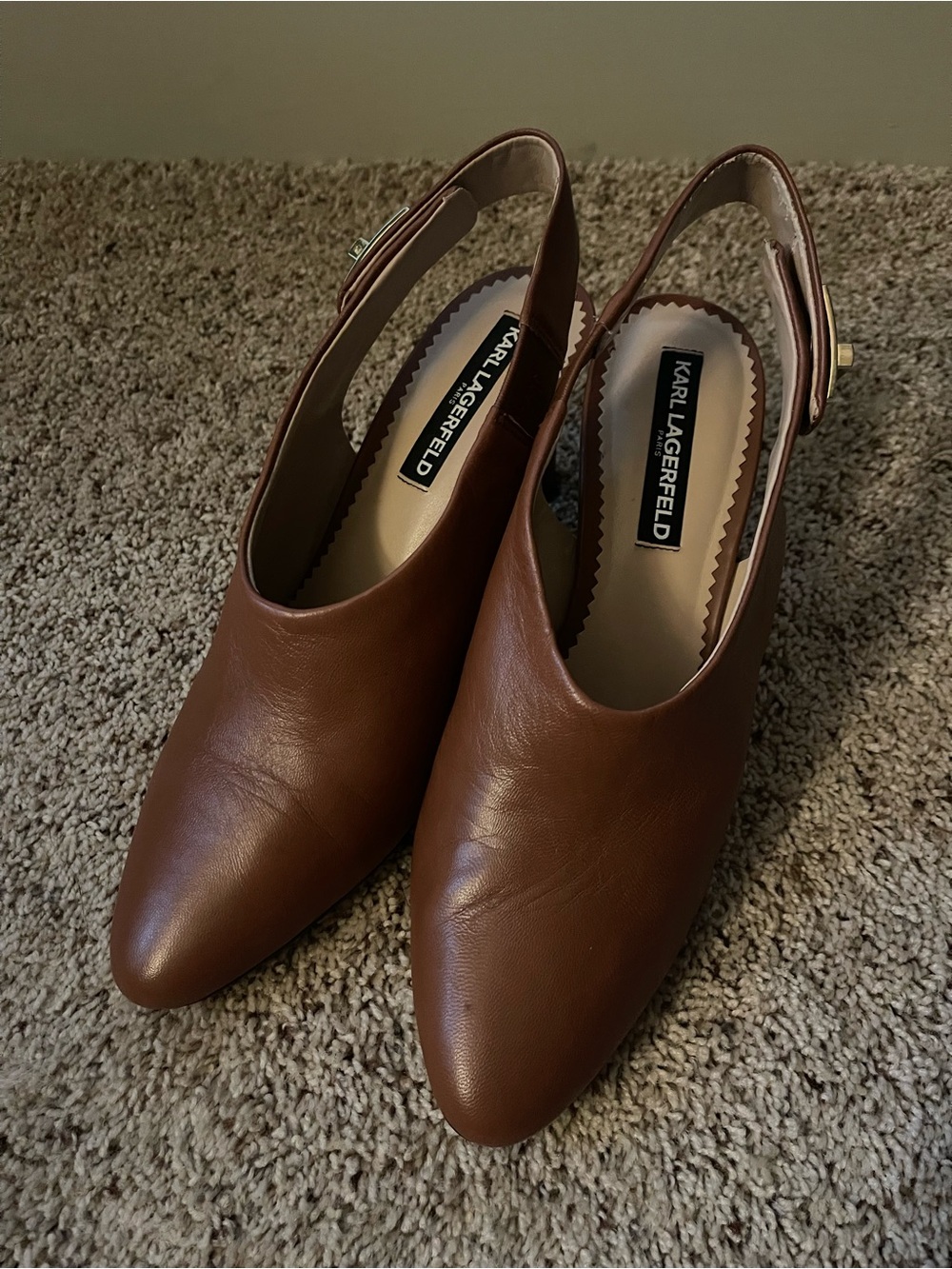 Karl Lagerfeld Brown Leather Slingback Pointed Mules